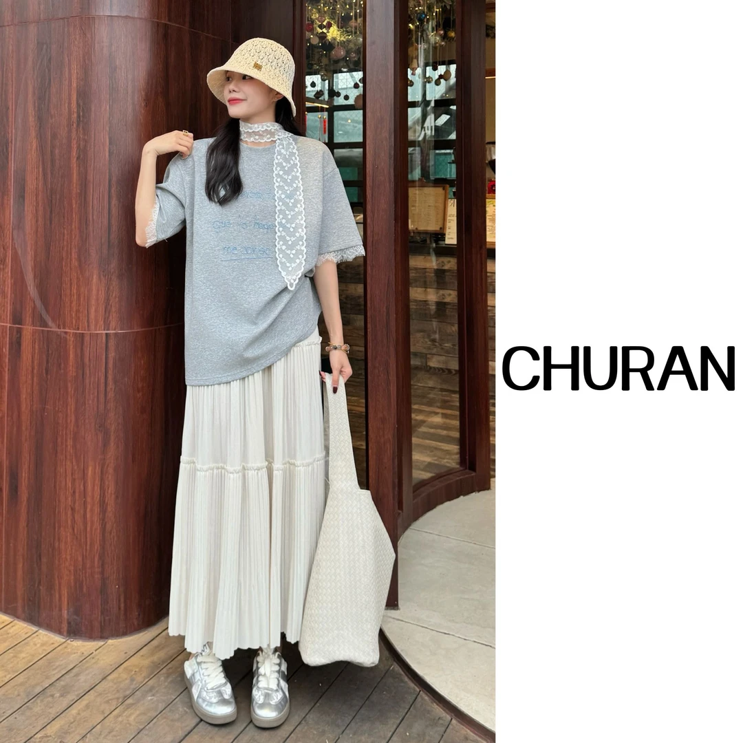 U.V.Y2025春夏新款蕾丝字母刺绣韩版T恤显瘦宽松中长款短袖