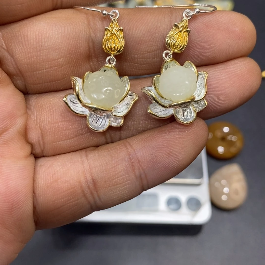 和田玉耳饰银S925镀金镶嵌