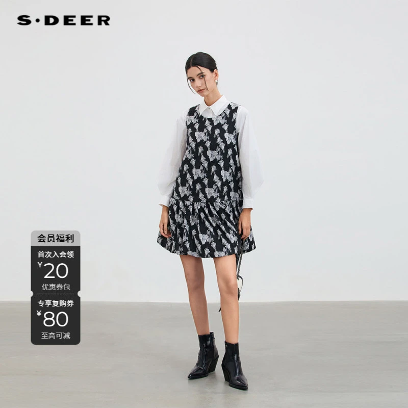 S·DEER秋季女装碎花显瘦气质时尚黑色印花无袖连衣裙S253Z1254
