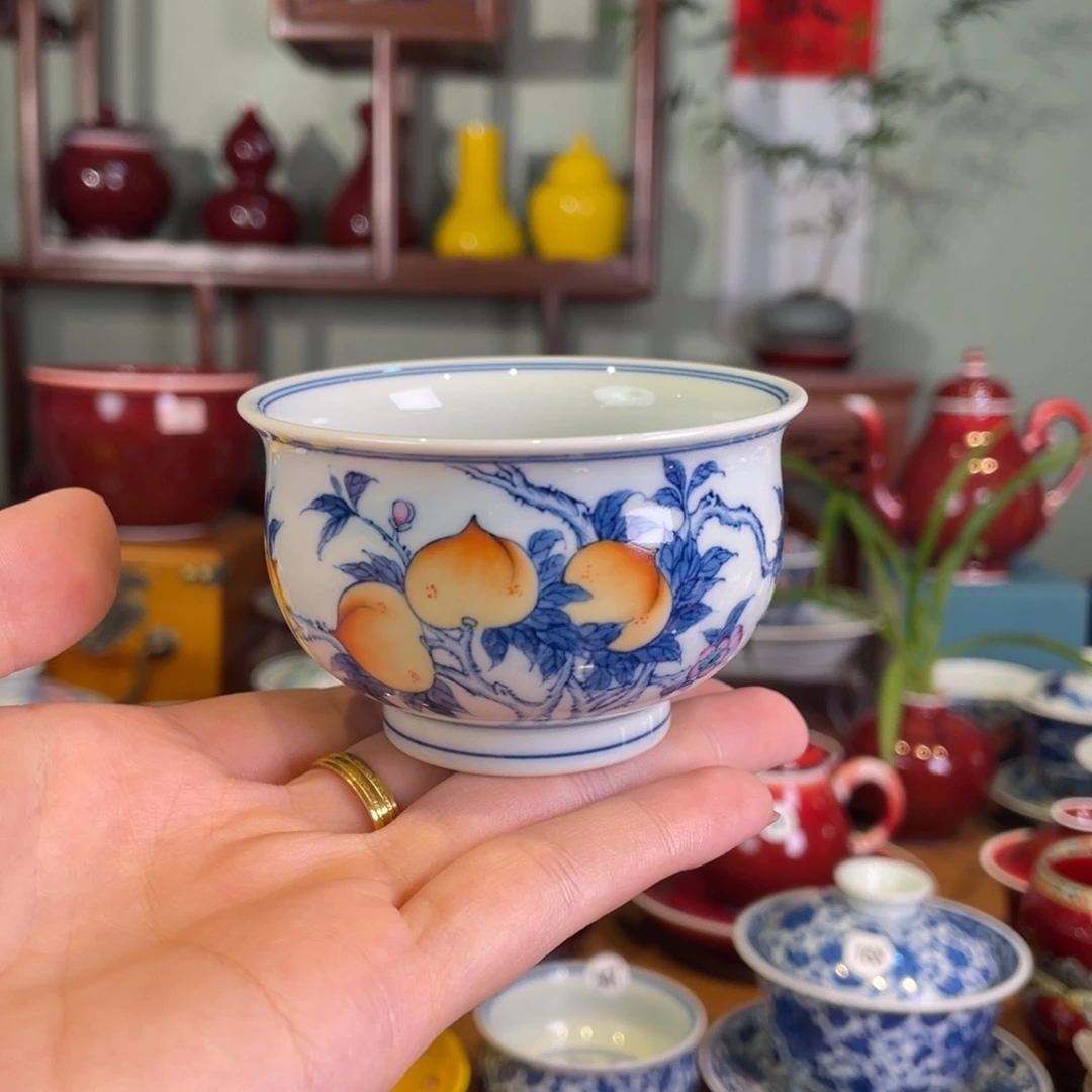 清欢柴窑，斗彩九桃炉士杯