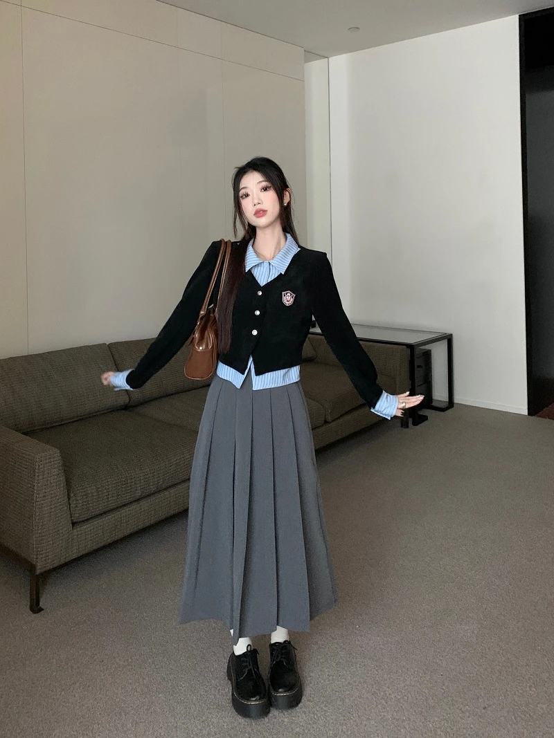 学院风套装假两件POLO领长袖衬衫上衣女春秋高腰半身百褶裙三件套