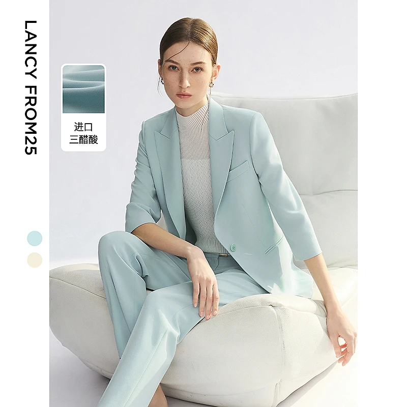 朗姿2025年夏季新款枪驳领三醋酸西装外套商务时尚通勤高端西服女
