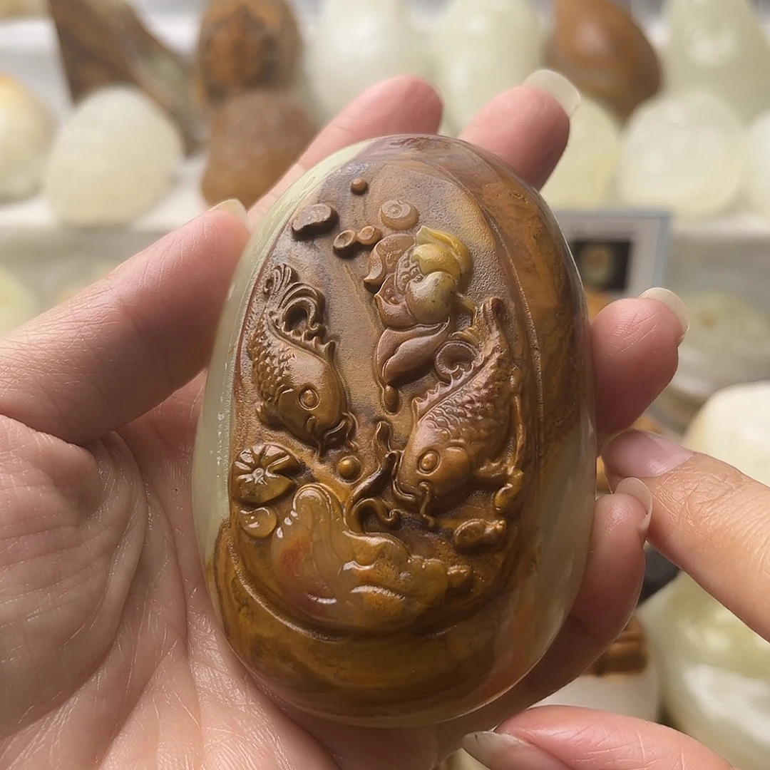 石材方解石手把摆件不退换鱼