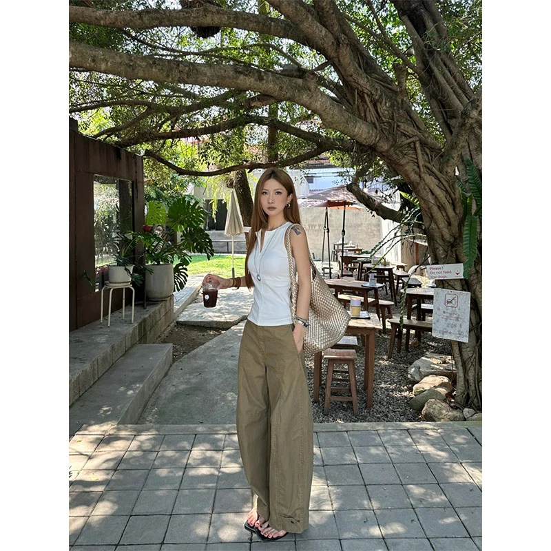 2025夏季新款简约休闲风气质修身白色背心上衣宽松百搭复古休闲裤