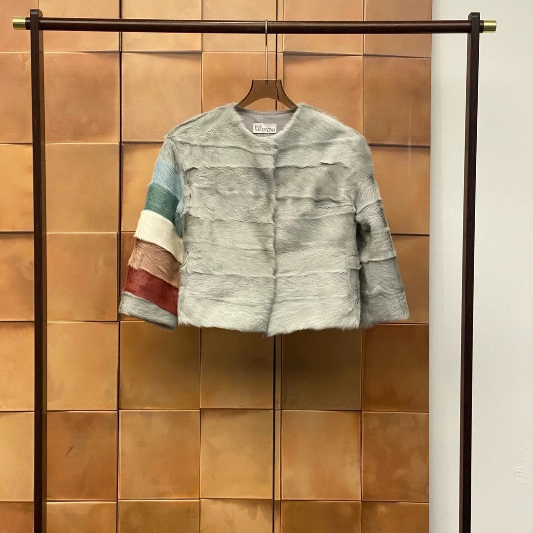 99新 Valentino/华伦天奴 彩色条纹皮草羊毛皮外套/38码/29151