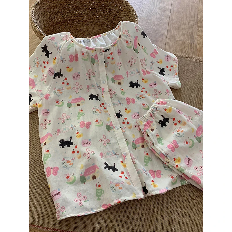 【卡通猫咪】韩系甜美可爱睡衣女夏季新款短袖短裤家居服套装可外穿