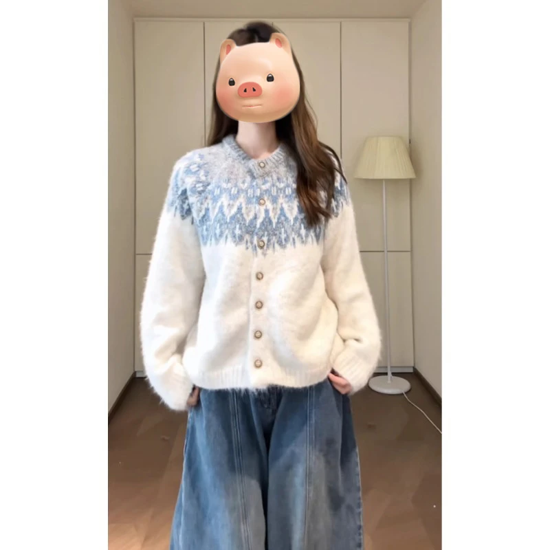 复古费尔岛提花毛衣外套女秋冬季加厚保暖慵懒风内搭叠穿针织开衫