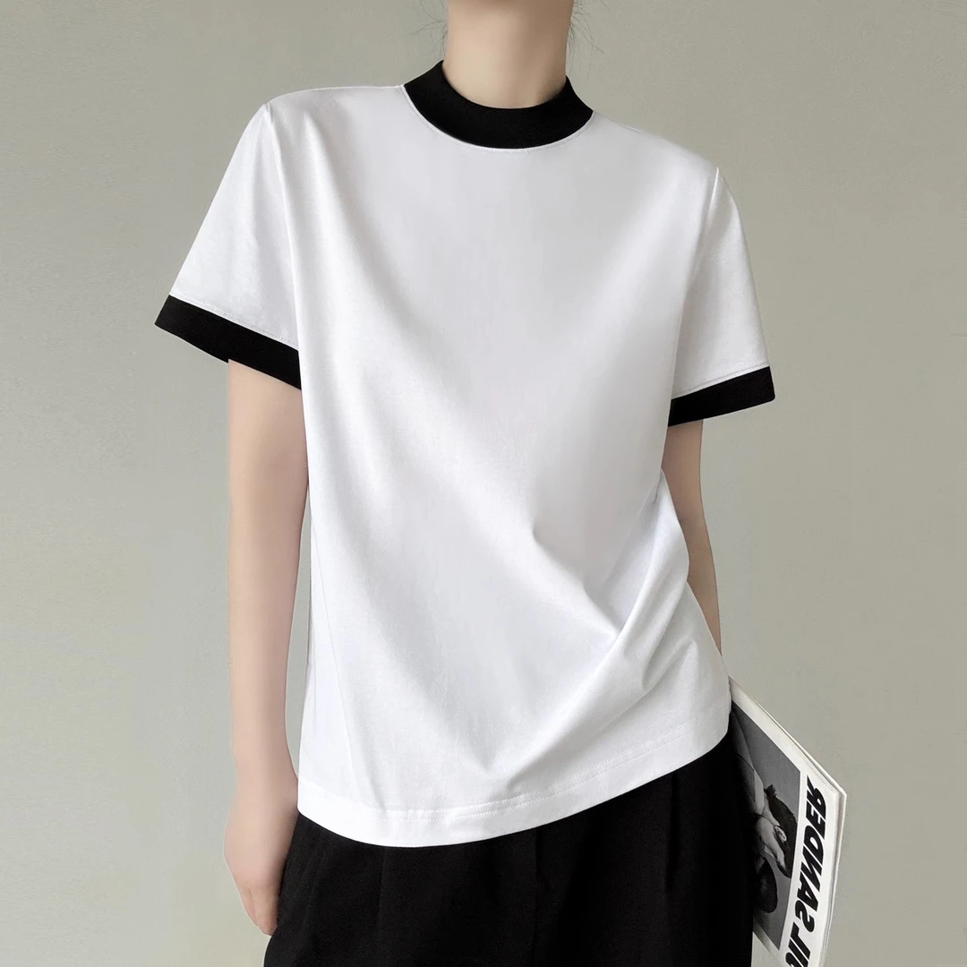 黑白撞色拼接半高领t恤女正肩短袖简约通勤宽松休闲中领T恤衫上衣