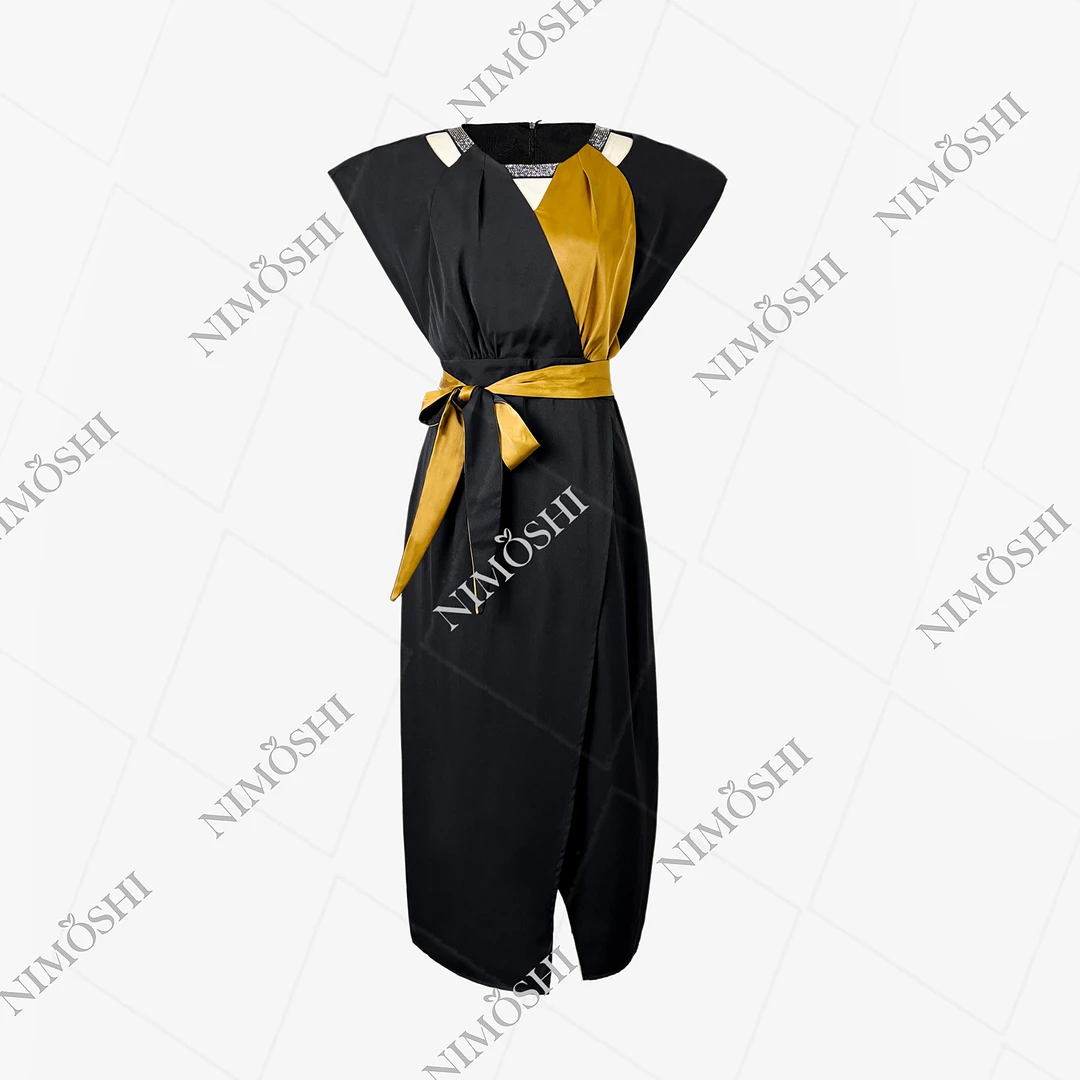 NIMOSHI【倩倩】典雅端庄撞色腰带设计前开叉气质显瘦连衣裙Q1584