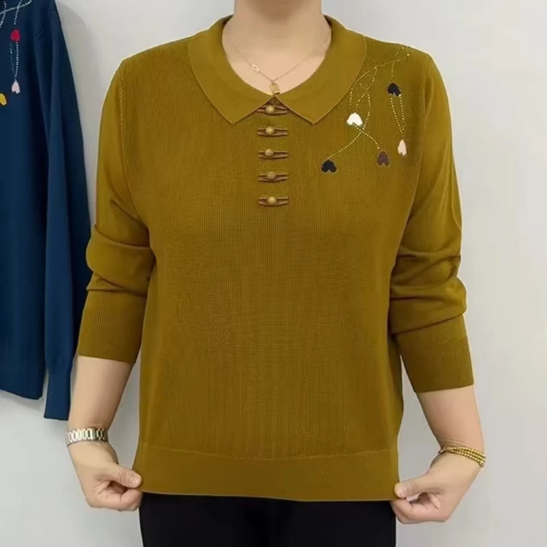 洋气大码妈妈装翻领爱心图时尚针织衫春冬新款宽松百搭洋气毛衣女