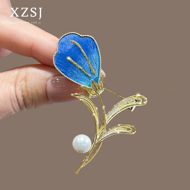 铜胸针 新款手工非遗绒花郁金香别针女国风轻奢胸花大衣优雅配饰
