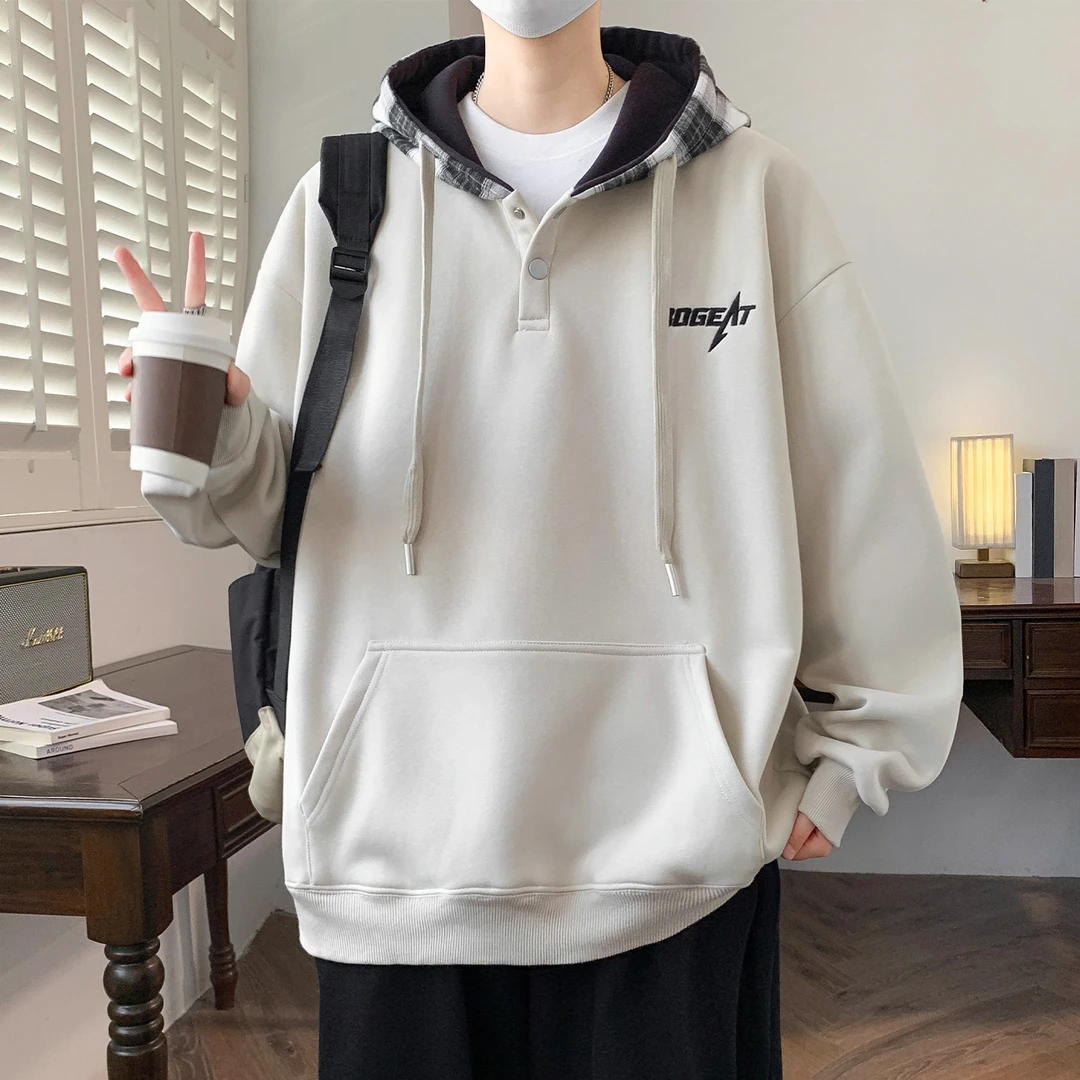 半开襟卫衣男连帽秋冬季加绒加厚外套男宽松休闲青少年套头衫上衣