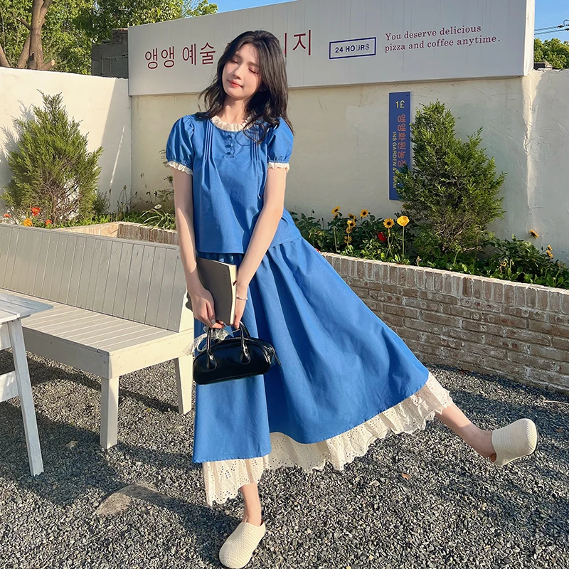 茶歇法式赫本风绝美蕾丝拼接套装夏季2025年温柔收腰半身裙两件套