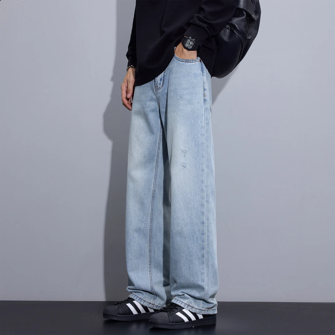 Kuvine2025秋季美式潮牌cleanfit宽松直筒水洗磨边刮烂牛仔裤男款