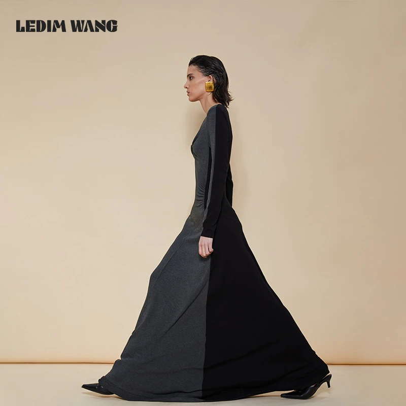 1LEDIM WANG撞色拼接V领扭结连衣裙女气质长裙修身收腰显瘦大摆裙