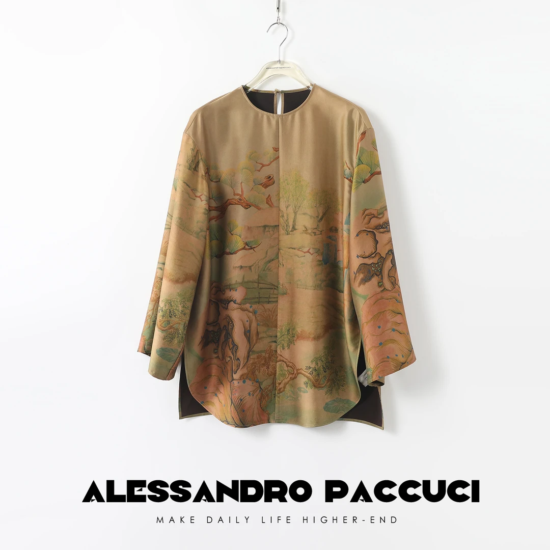 AP洛哥26794/X【岁寒松柏】桑蚕丝香云纱 国画印花圆领新中式上衣