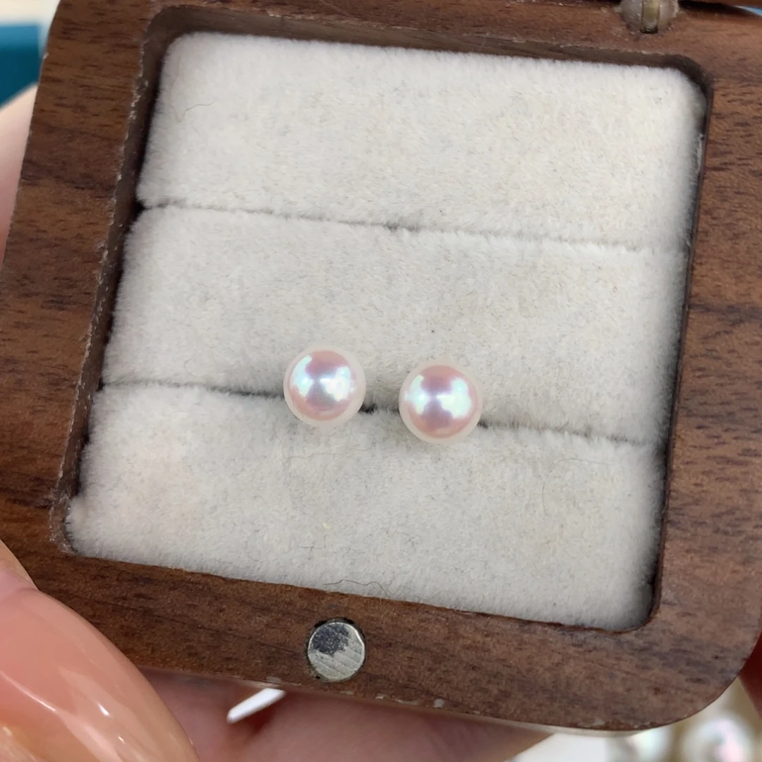 定制海水珍珠银S925镶嵌耳饰极光akoya天女粉5-6mm素钉
