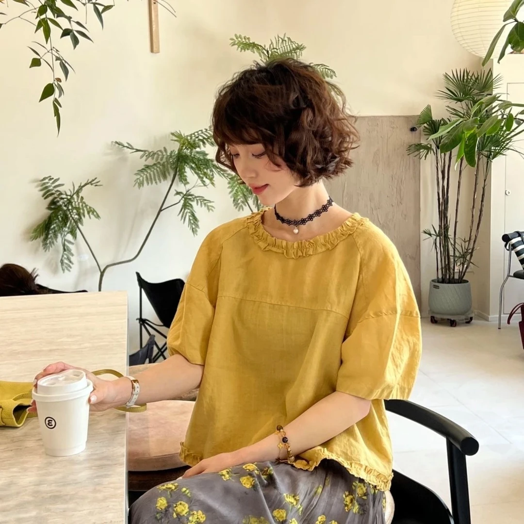 圆领成人木耳常规夏季短袖衬衫简约纯色百搭韩版显瘦减龄上衣拼接