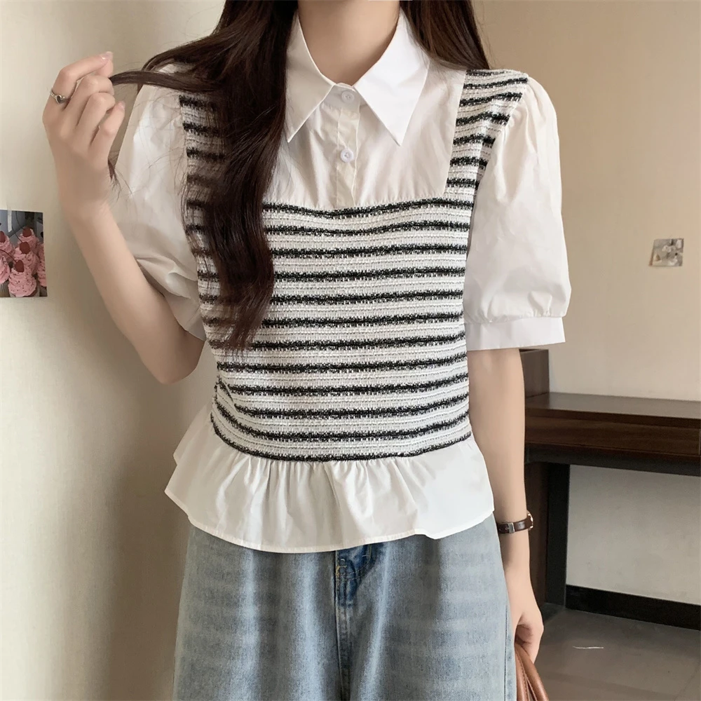 衬衫女夏新款背心拼接假两件格子衬衣短款泡泡袖上衣-YXDN1811