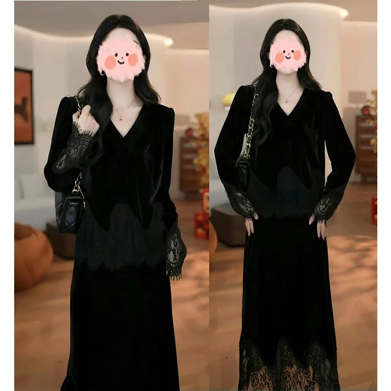 2025春秋新款时尚洋气显瘦气质蕾丝拼接上衣裙子两件套高级感套装