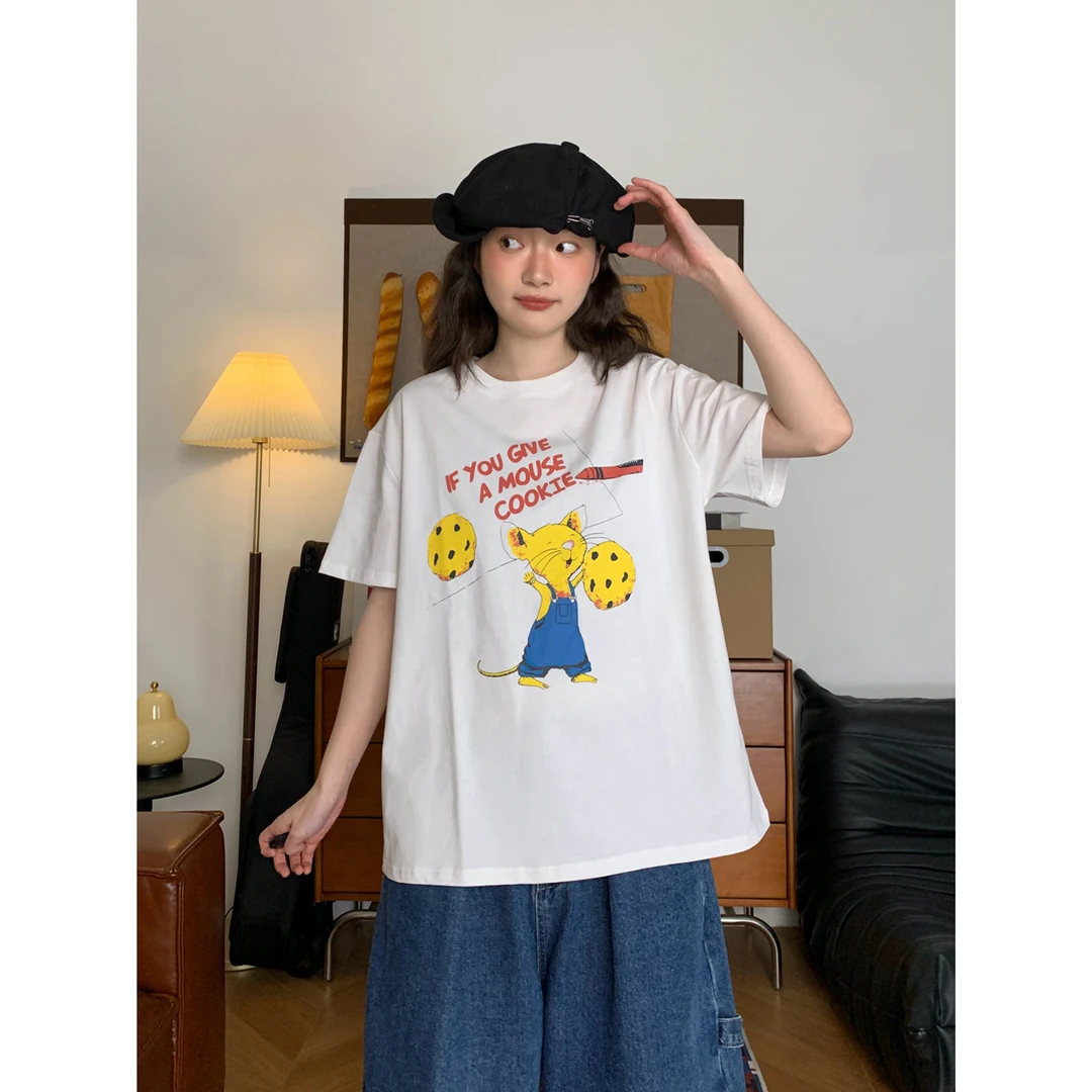 趣味曲奇鼠鼠卡通印花T恤女韩版夏季新款宽松百搭显瘦短袖上衣潮