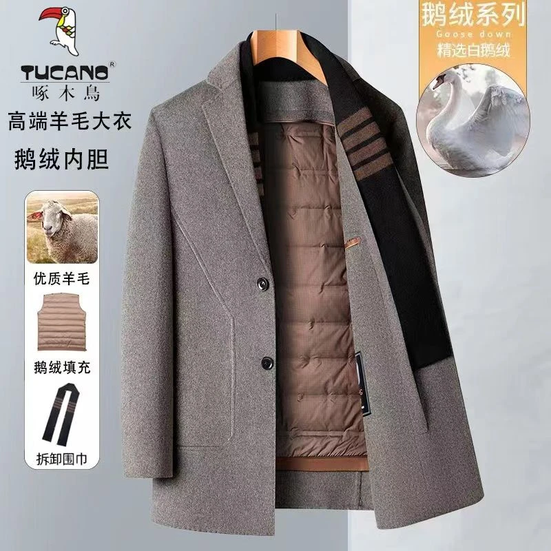 啄木鸟高档男士双面羊毛呢大衣中长款商务休闲中老年呢子爸爸外套