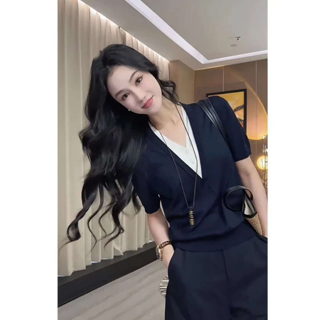 假两件v领冰丝针织短袖女2025新款夏季时尚洋气薄款针织衫上衣女