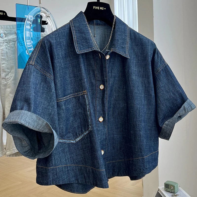 高级感独特轻奢复古柔软短袖牛仔衬衫女薄款夏季宽松休闲上衣外套