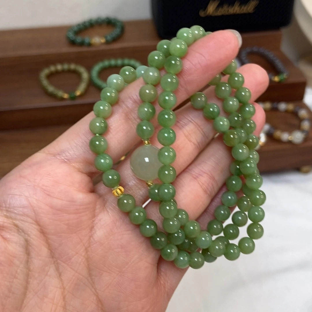 和田玉18K金镶嵌手链福利6mm黑阳洞碧玉三圈