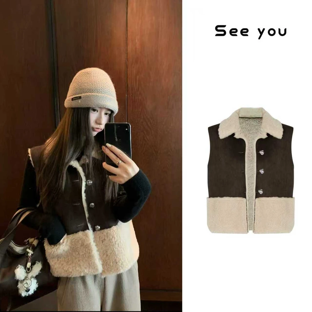 时尚感拼色麂皮小翻领毛绒马甲背心B1865