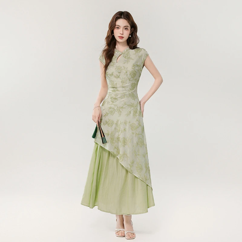 ml235重工绣花不规则假两件连衣裙女2025夏季新中式优雅气质长裙