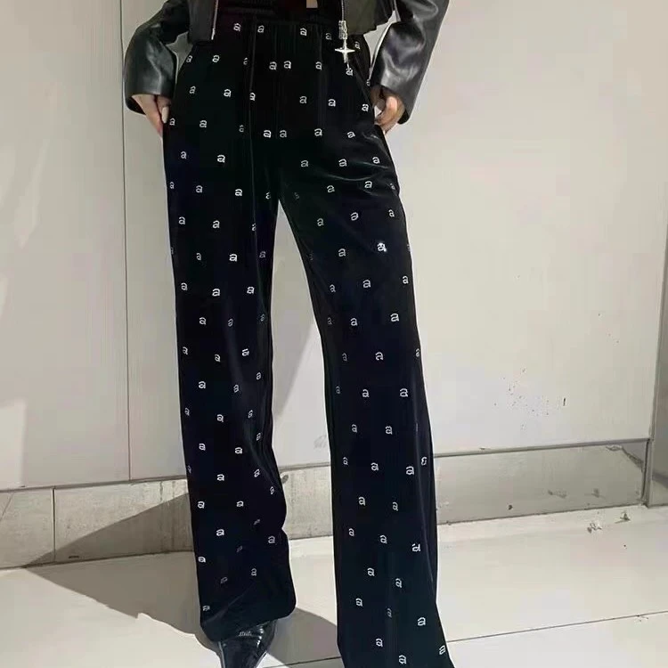 502黑色金丝绒阔腿裤女高腰宽松显瘦直筒裤加绒加厚秋冬新款