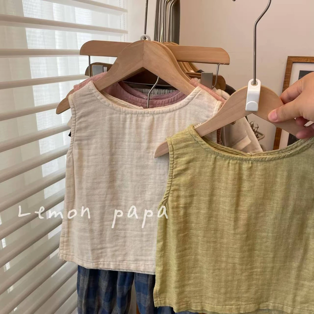 基础款软糯~品质赞2024夏韩国儿童宝宝森系棉纱薄款无袖背心上衣