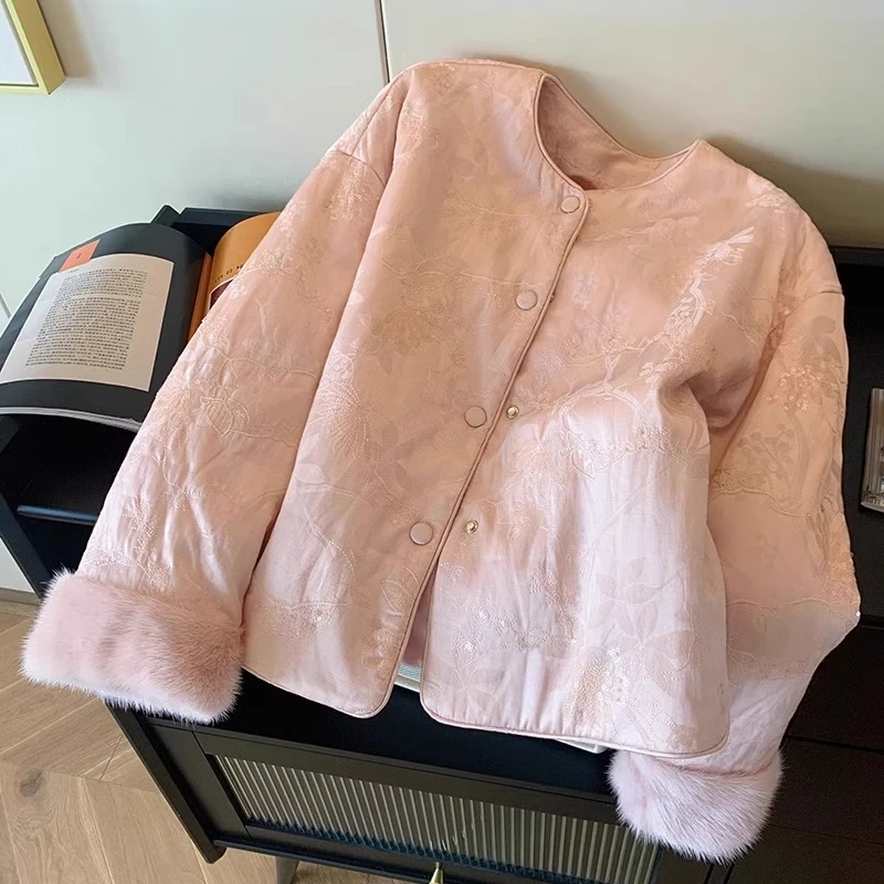 大码胖mm新中式国风粉色短款羽绒棉服女冬季新款棉衣小香风厚外套