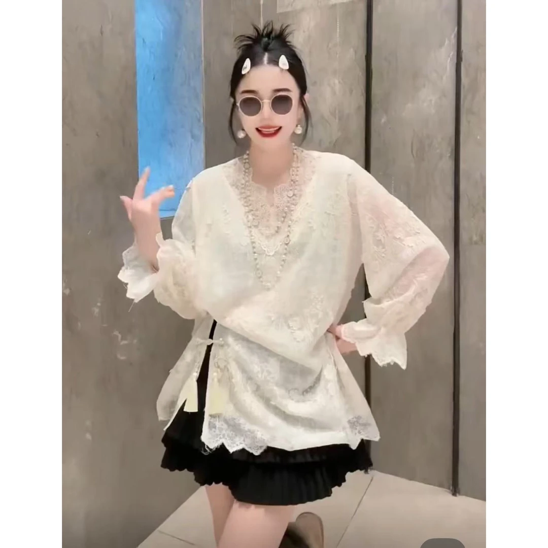 大码高级感国风钉珠提花蕾丝长袖衬衫女春秋宽松上衣99339