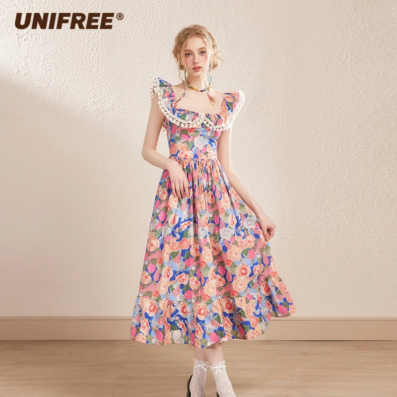 UNIFREE一字肩油画感玫瑰碎花小飞袖连衣裙U242I119K1K1