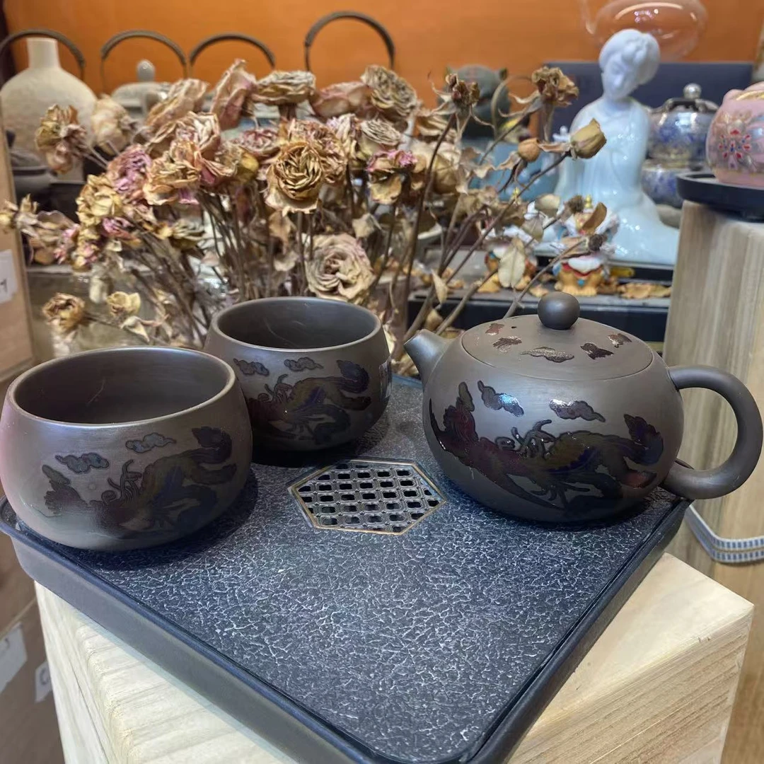 友名 黑泥变色龙凤西施壶（带两杯）+盘-2853