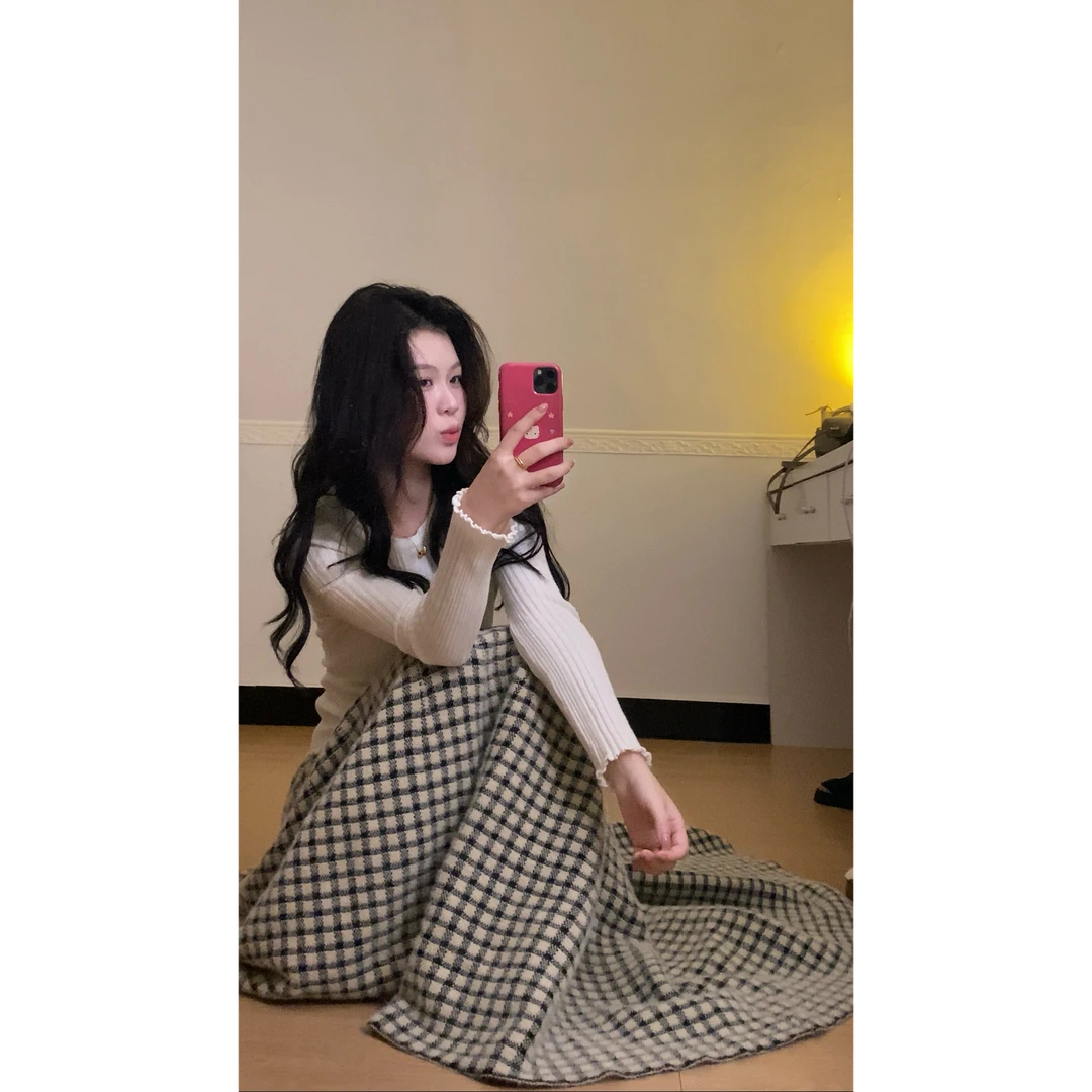 SNOW   韩系秋冬格纹加厚A字显瘦百搭半身裙