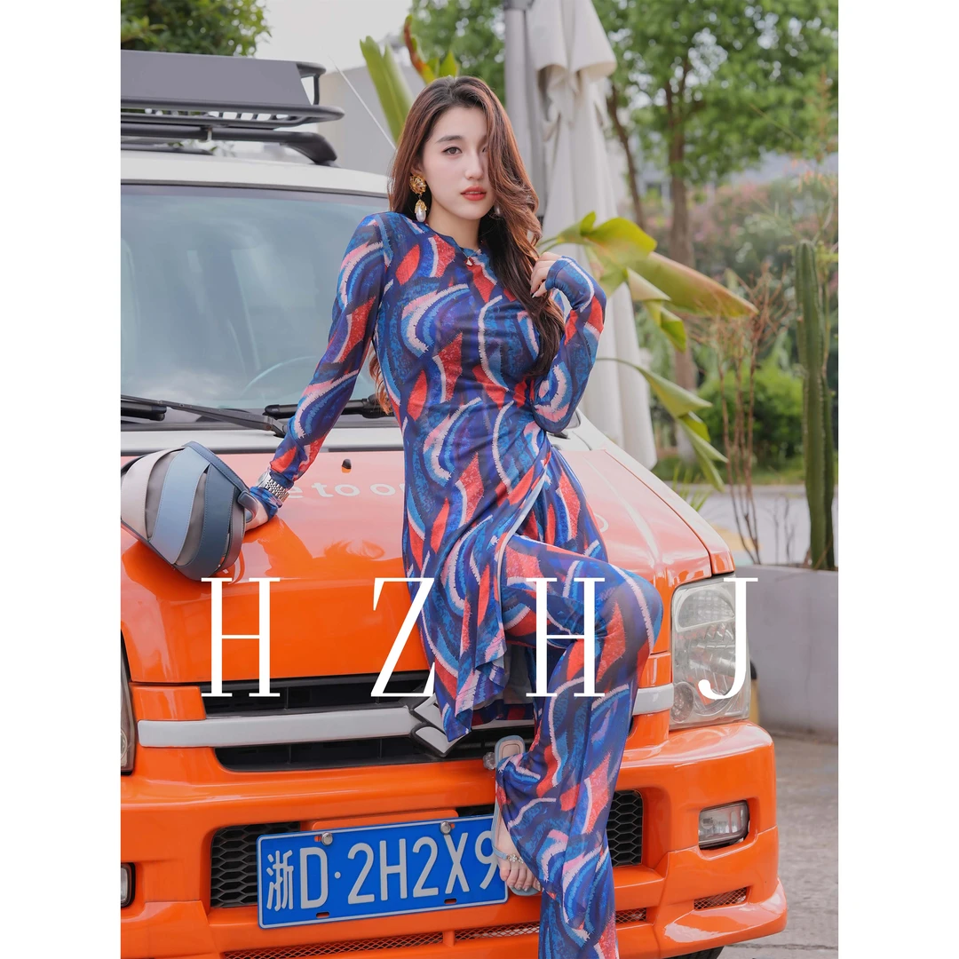 HZHJ新款原创设计师款 波纹蓝红 套装裤显白显瘦高端轻奢洋气635