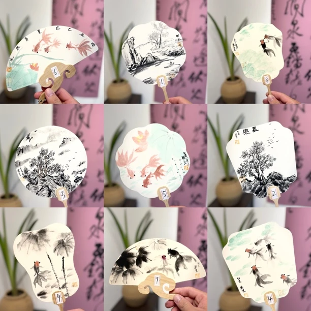 古风加厚水墨国画山水画花鸟类宣纸团扇竹质手工国潮拍照