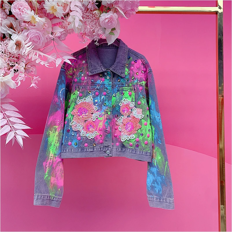 A3631欧美设计师2025秋季新款重工钉钻刺绣花朵喷漆涂鸦牛仔外套