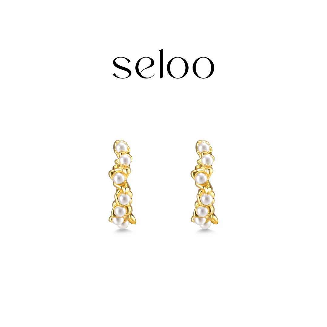 铜合金耳饰  Seloo【异形C字珠珠耳钉】韩国小众时尚饰品SE503R305