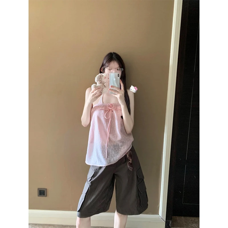 2025新款女士夏季镂空抹胸系带荷叶边露肩吊带上衣高腰宽松阔腿裤