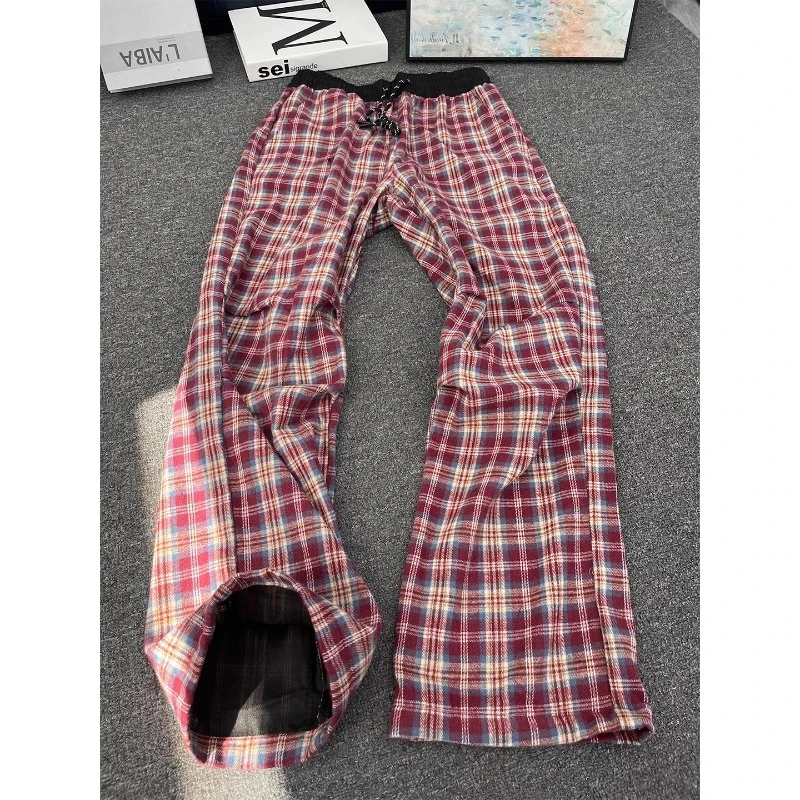 【辉子同款】美式复古红色格子裤男cleanfit褶皱夏季裤子微喇直筒裤