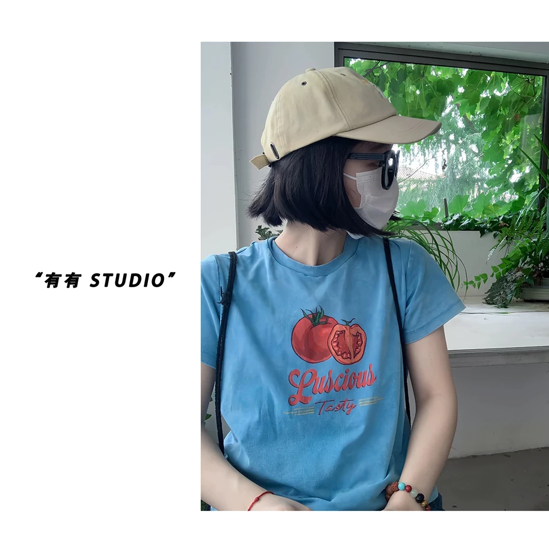 「番茄炒色T」韩系!夏季25新款做旧西红柿团印花圆领女士短袖T恤衫