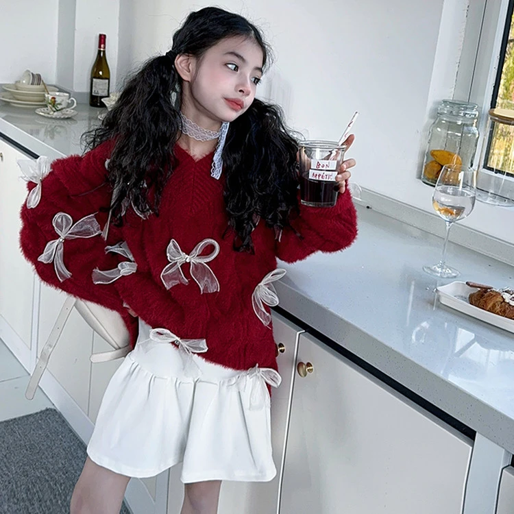 女童毛衣2025秋冬新款中大童圆领蝴蝶结针织衫宽松红色年服圣诞潮