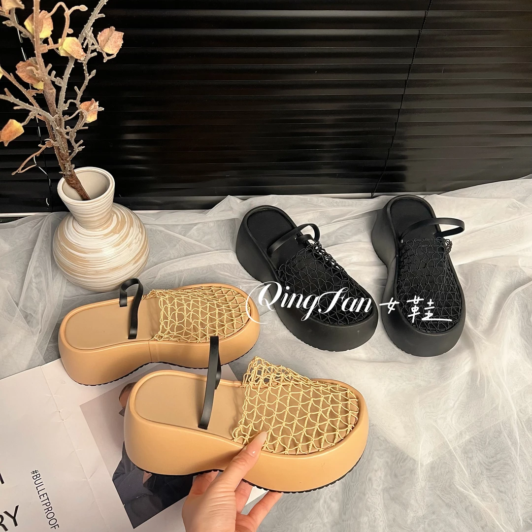 2025年夏季新款厚底增高小个子一字带渔网气质款网红款外穿女拖鞋