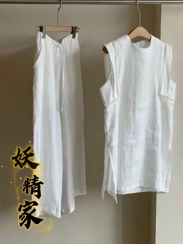【妖精家】复古显瘦法式中长款圆领无袖上衣➕裤子套装