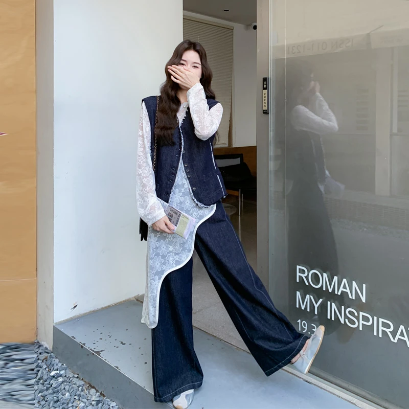老钱风马甲不规则蕾丝内搭阔腿裤2025春秋新款复古韩系显瘦三件套