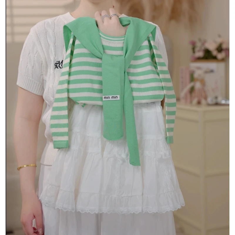 2025春季韩版女童假两件披肩条纹针织衫拼接短期裙套装时尚打底衫
